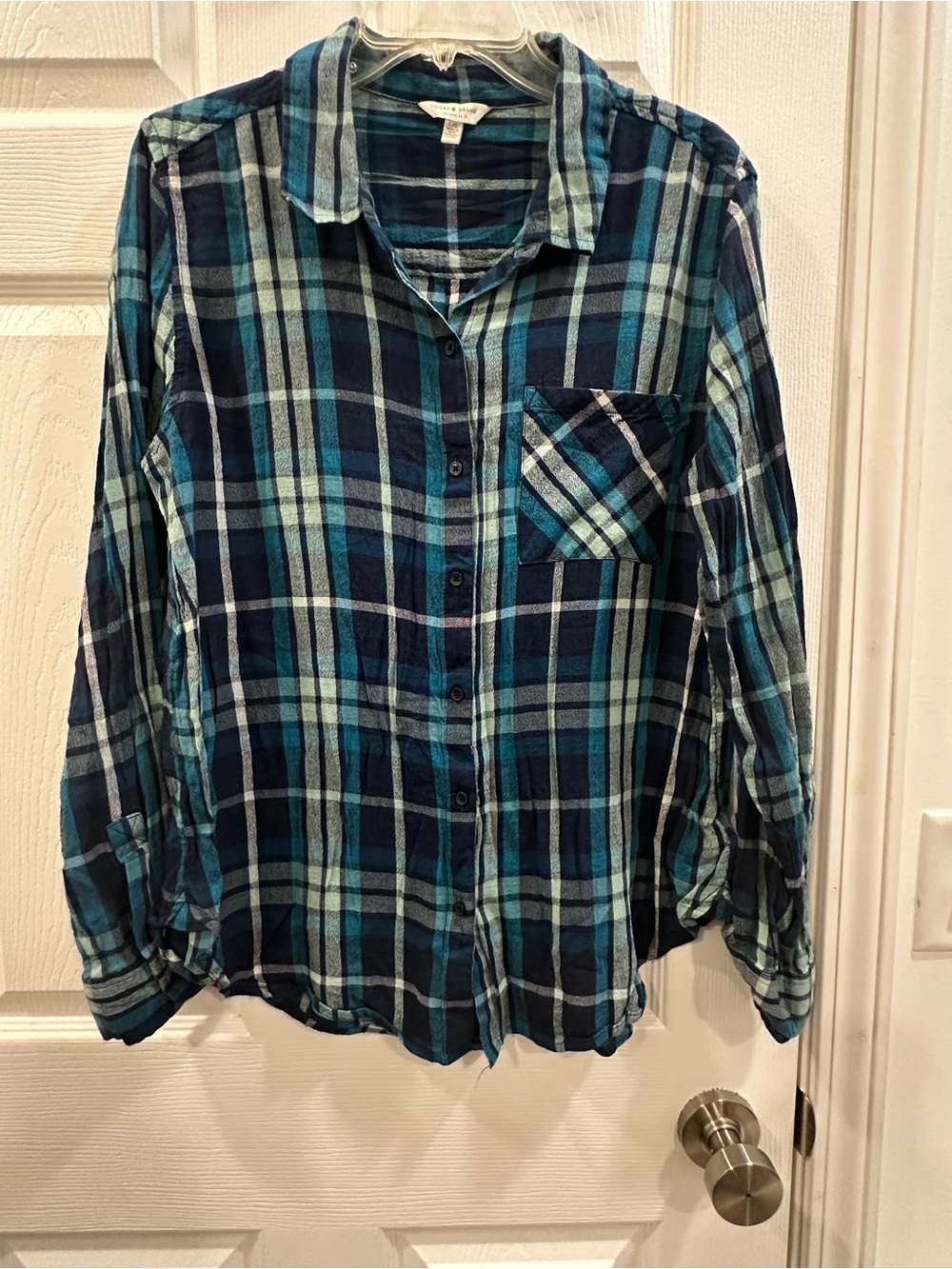 Lucky Brand Blue Plaid Cotton Blend Button Down Shirt large EUC